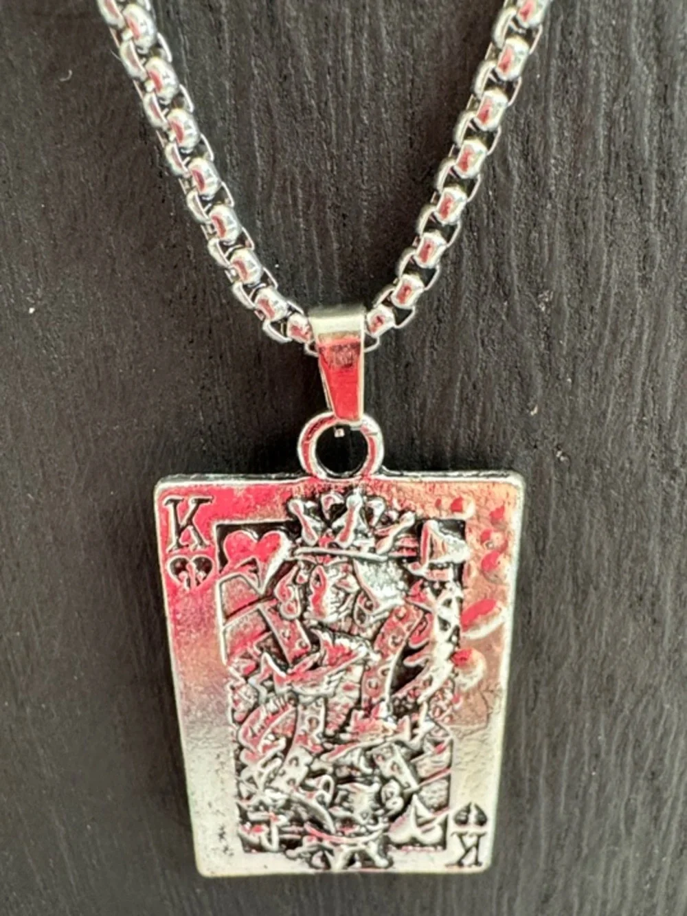 Men's Silver Skull King of Hearts Pendant Necklace - Card Design